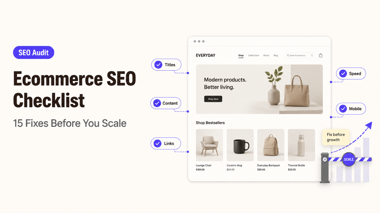 Infographic showing an ecommerce seo checklist with 15 fixes including titles, content, links, speed, and mobile optimization.