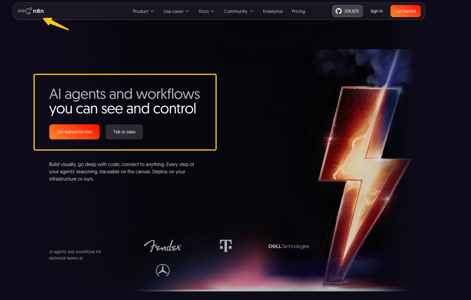 Concise n8n review showcasing the homepage visual builder for controllable AI agents and complex automations.