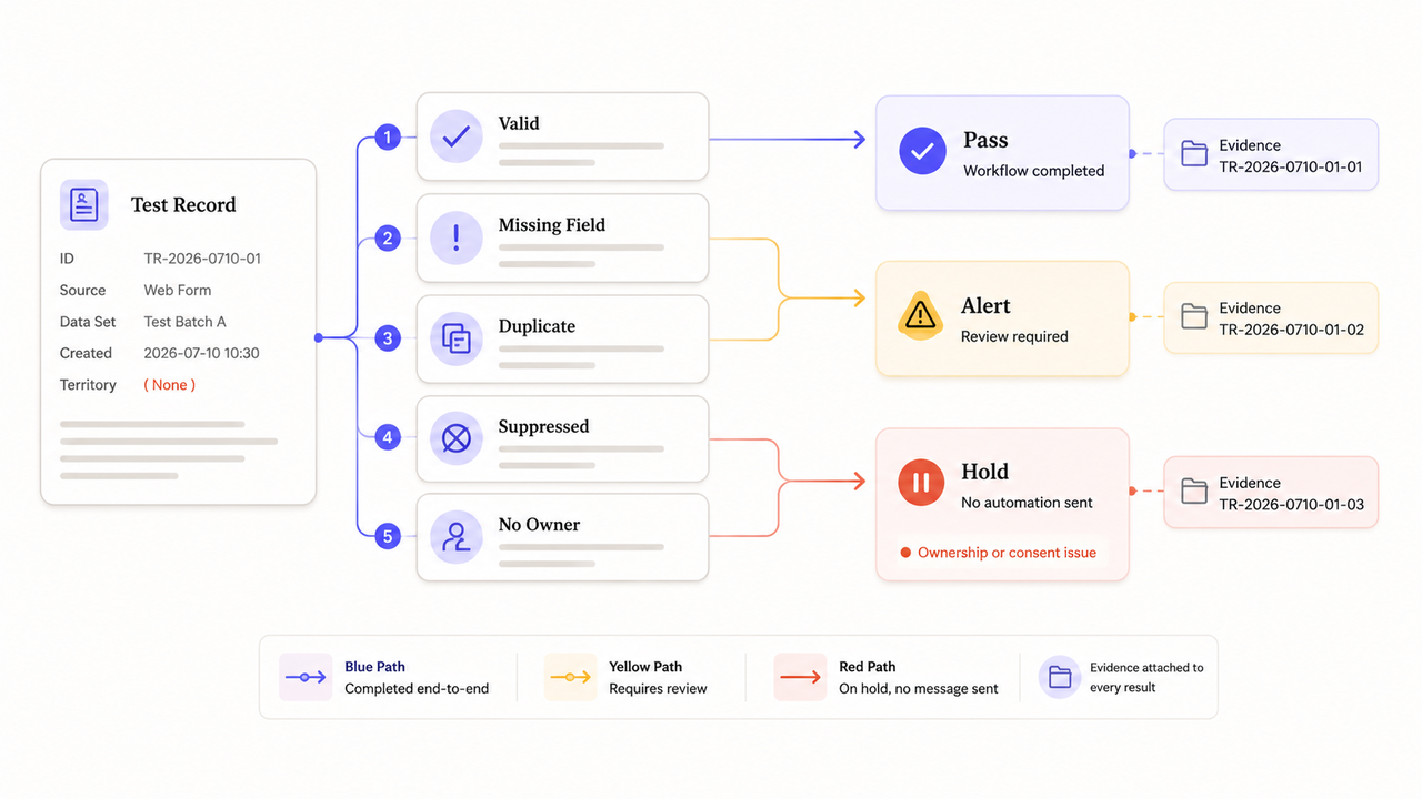 Marketing automation consulting flowchart showing a test record processed through validation steps to Pass, Alert, or Hold.