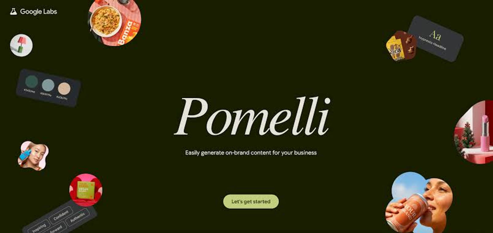 Pomelli AI by Google Labs, showing the central logo and floating brand element icons.