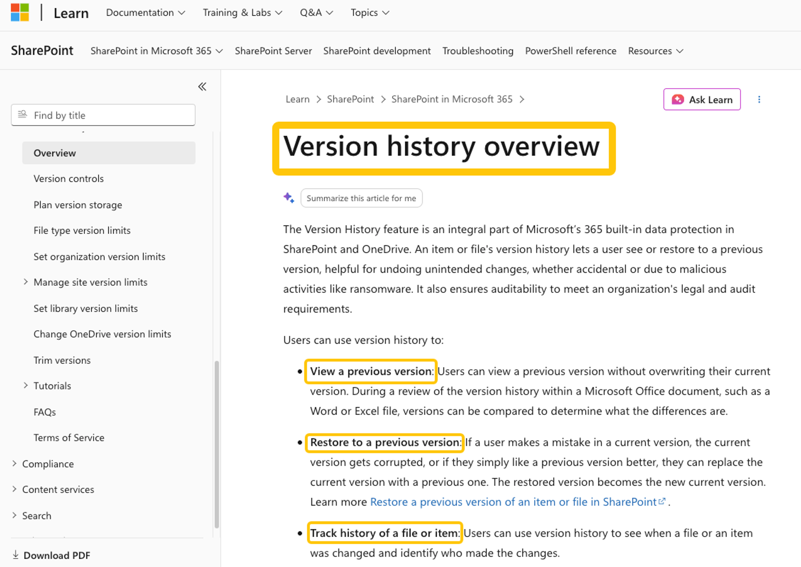 Microsoft SharePoint version history overview showing how to track and restore files for ai business documents analysis.