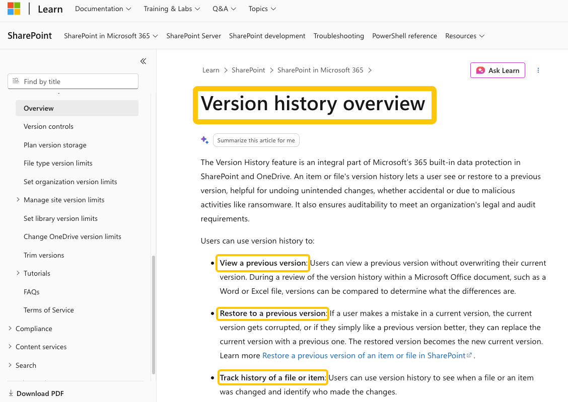 Microsoft SharePoint version history overview showing how to track and restore files for ai business documents analysis.