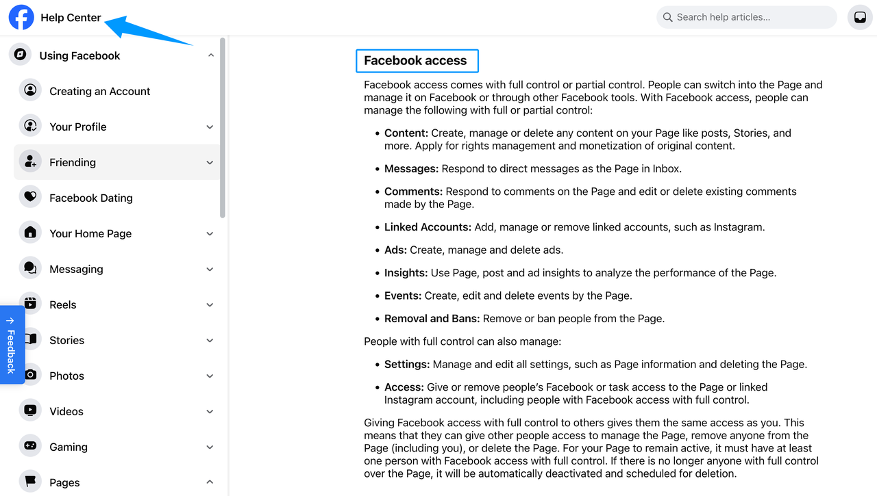 Facebook Help Center guide on access control, explaining how to manage multiple social media accounts efficiently.