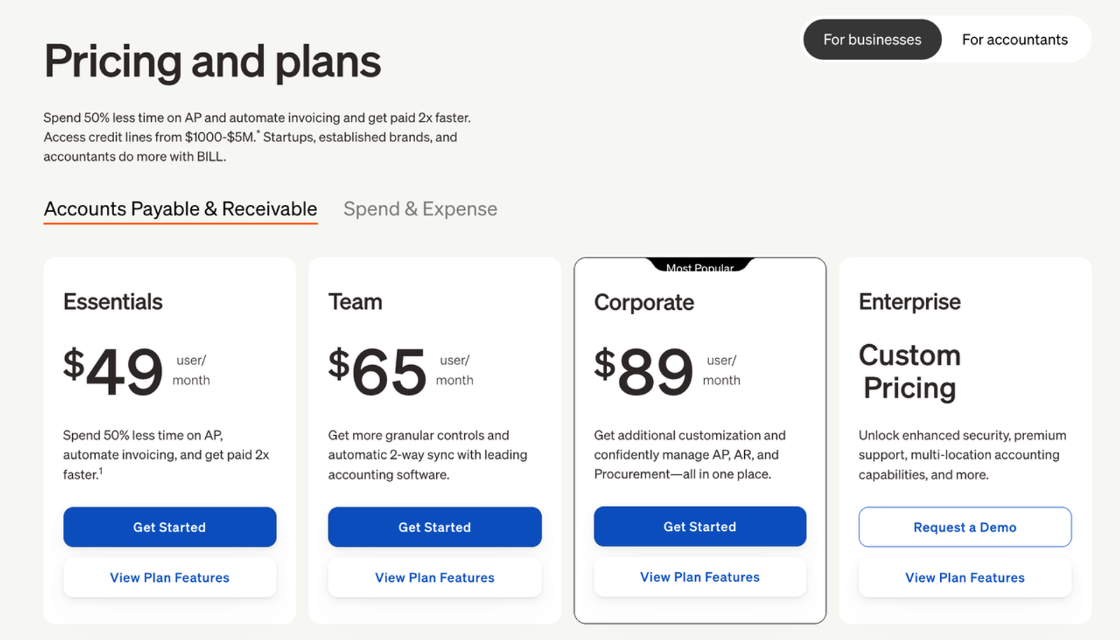 Pricing plans for BILL AP automation software including Essentials, Team, and Corporate tiers.