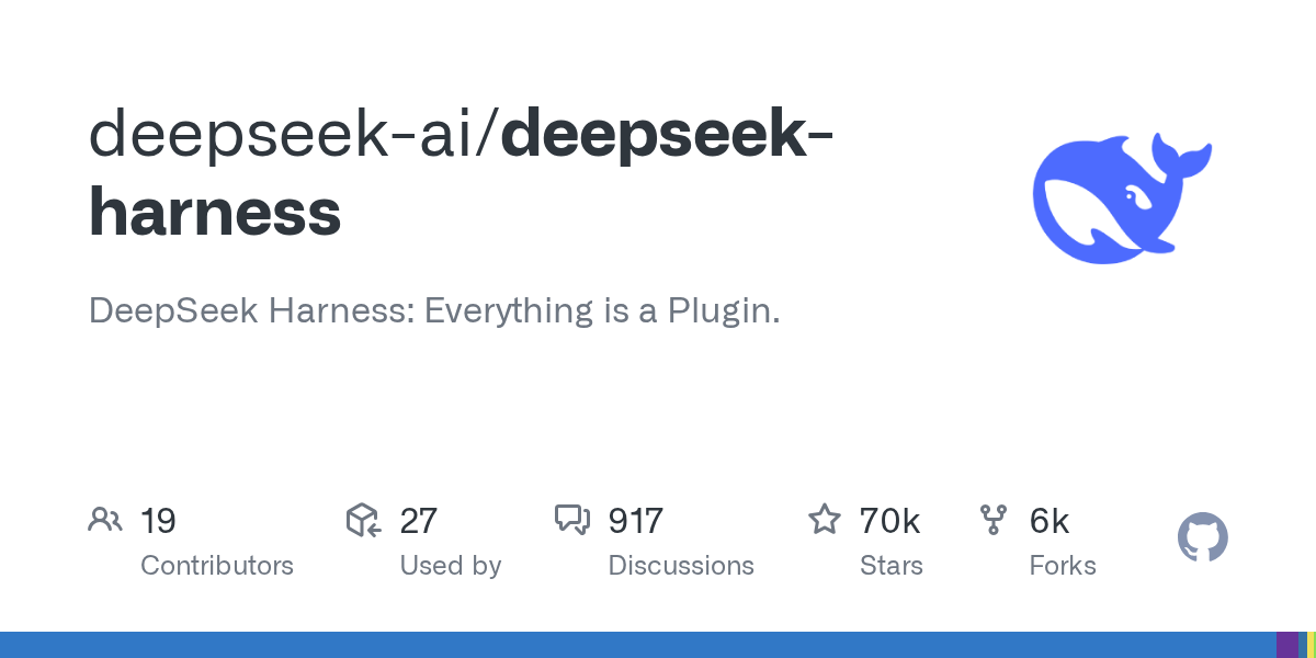 How much does deepseek harness cost based on its GitHub popularity, showing 70k stars and 6k forks.