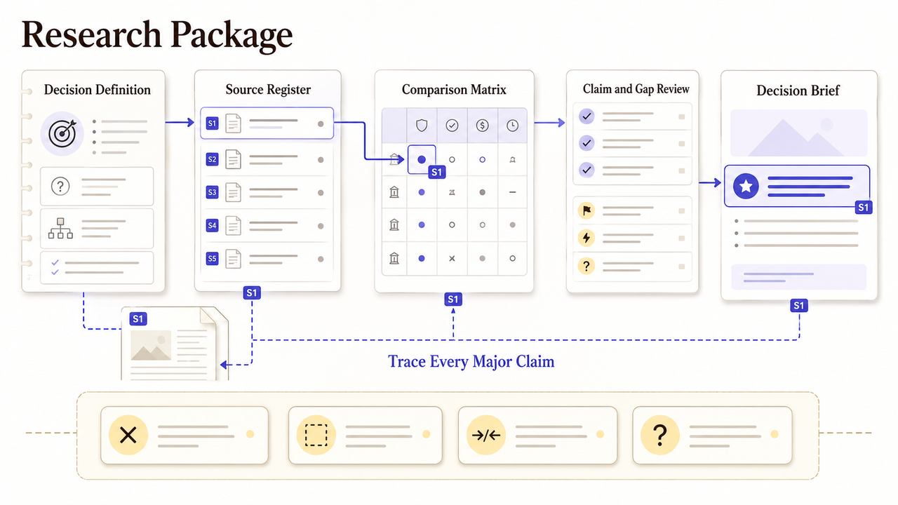 Diagram of the research package steps within a Claude Code market research recipe, from decision to the final brief.
