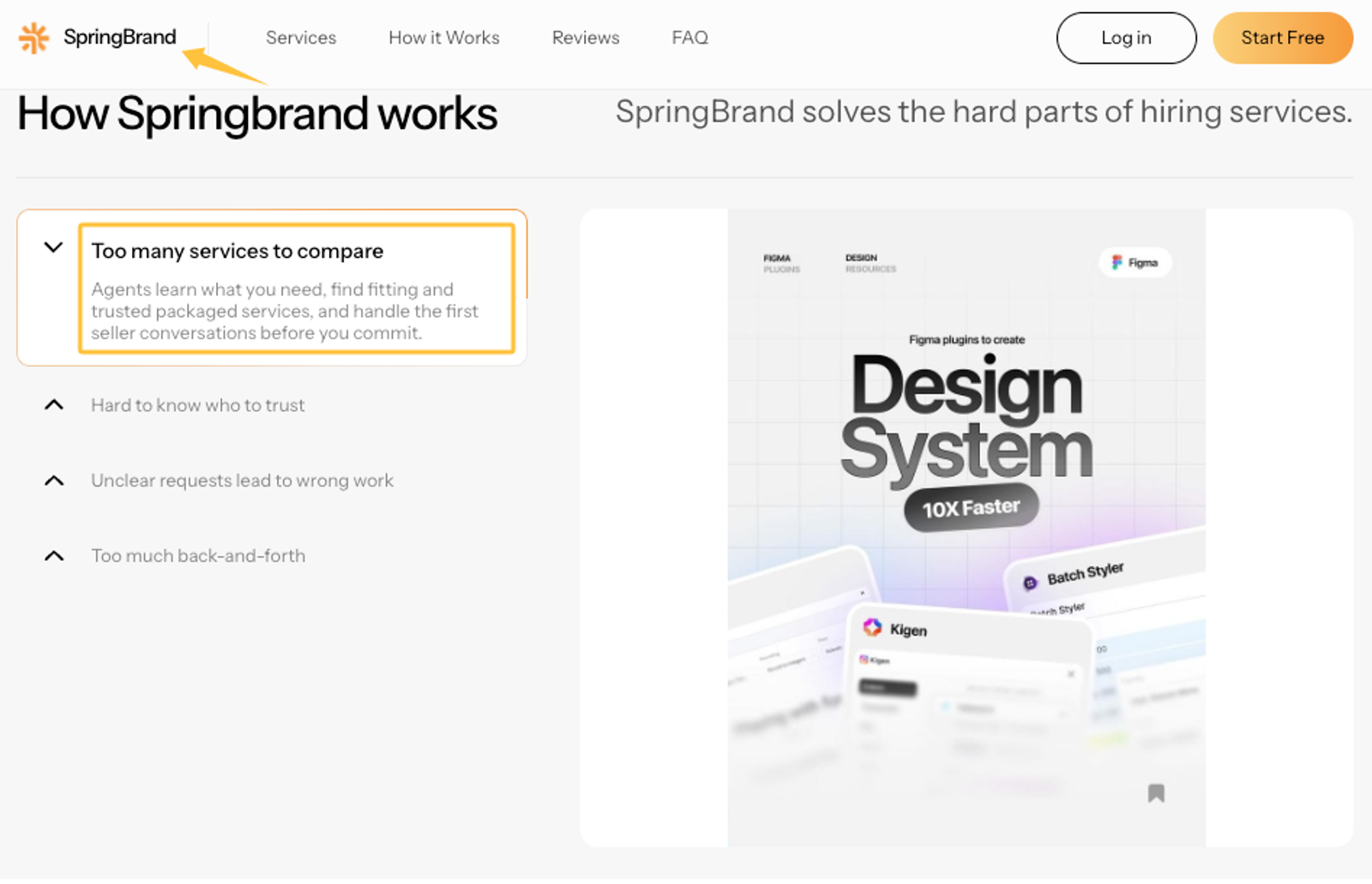 Screenshot of Springbrand website explaining how its service streamlines the Claude Code vs marketing agency choice.