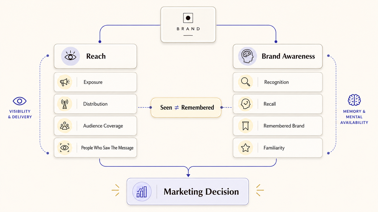 Flowchart detailing reach vs brand awareness metrics, contrasting visibility with memory to guide a marketing decision.