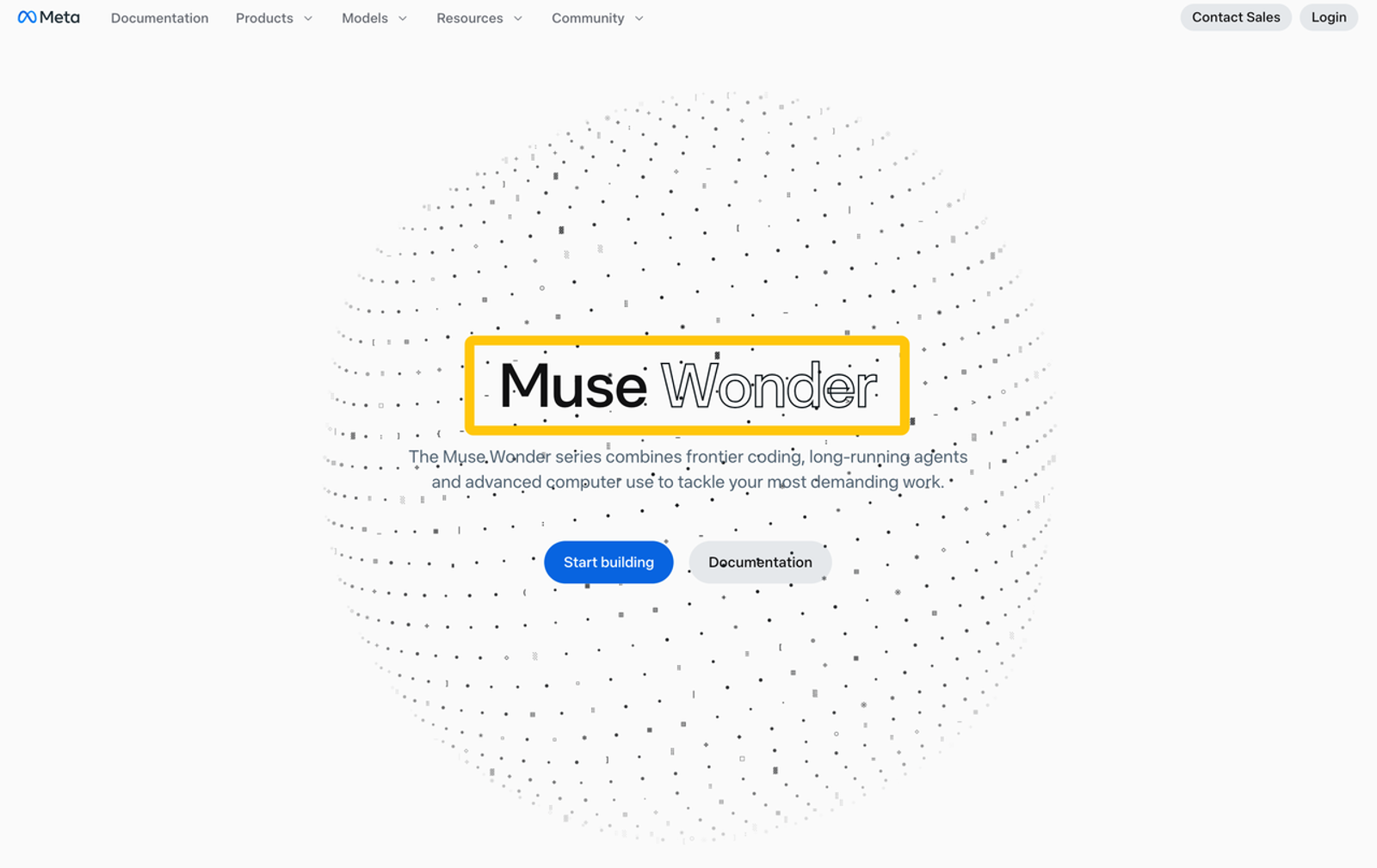 Meta webpage displaying muse wonder tools for frontier coding and long-running agents.