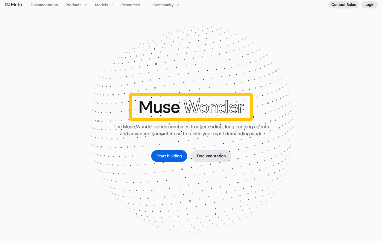 Meta webpage displaying muse wonder tools for frontier coding and long-running agents.