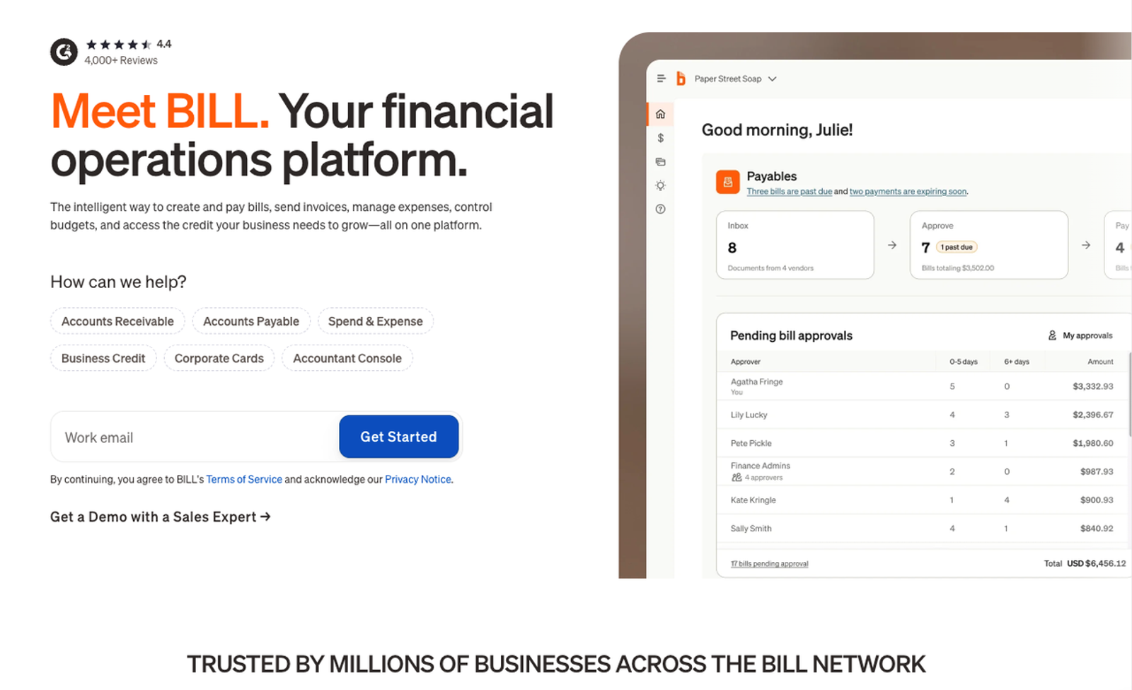 BILL AP automation software dashboard showing pending bill approvals and invoice management.