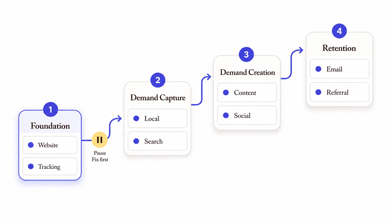 A four-step funnel showing the top digital marketing tactics smb from foundation to retention.