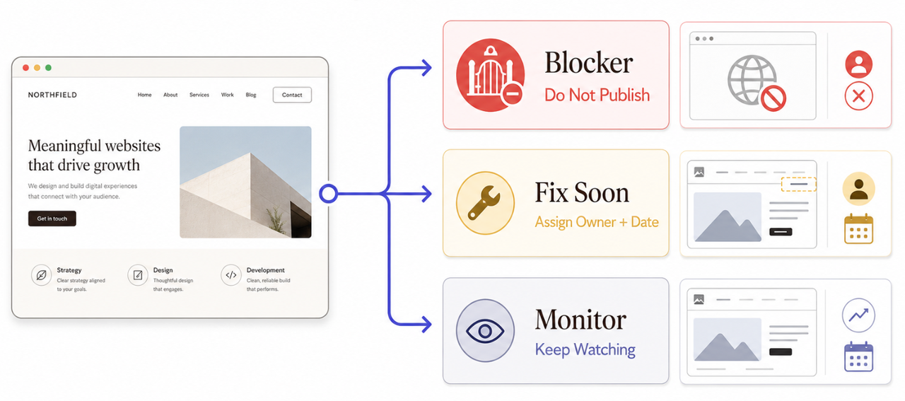 Prioritize issues in your ChatGPT Sites checklist by categorizing them as blockers, fix soon, or monitor after launch.
