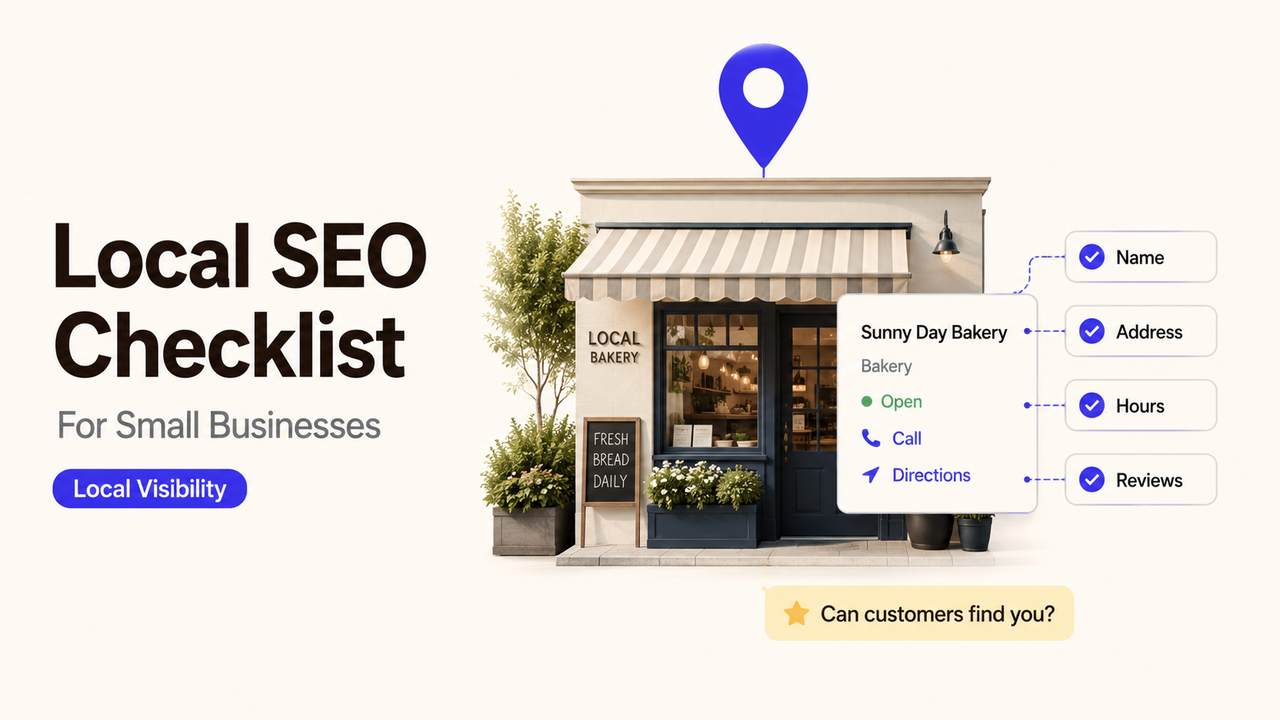 3D illustration of a bakery storefront showing key elements of a local seo checklist like name, address, and reviews.