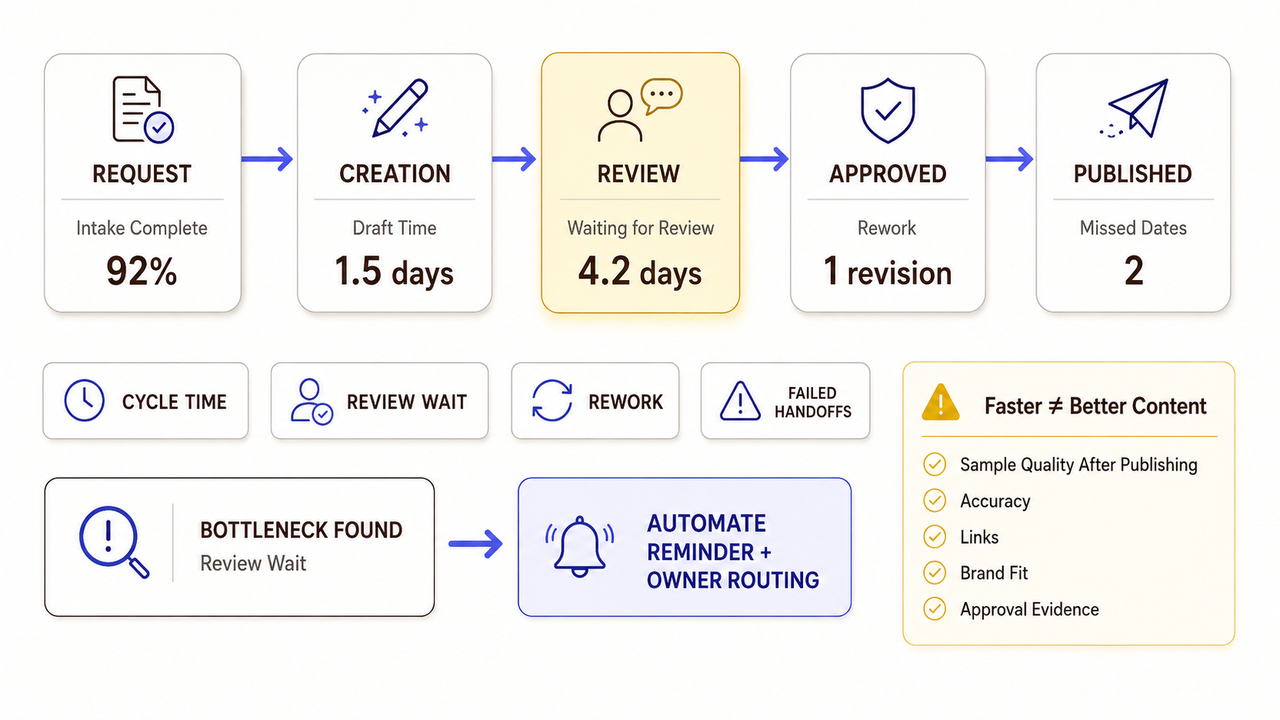 Workflow analytics showing a review bottleneck fixed by content marketing automation reminders and owner routing features.