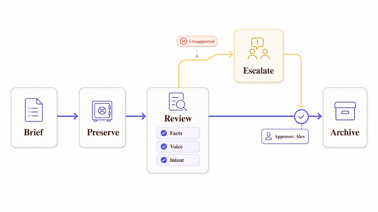 Content review process for facts, voice, and intent, highlighting escalation steps to build AI content trust.