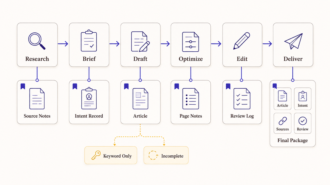 Process diagram showing research, brief, draft, optimization, edit, and deliver steps for professional seo content writing services.