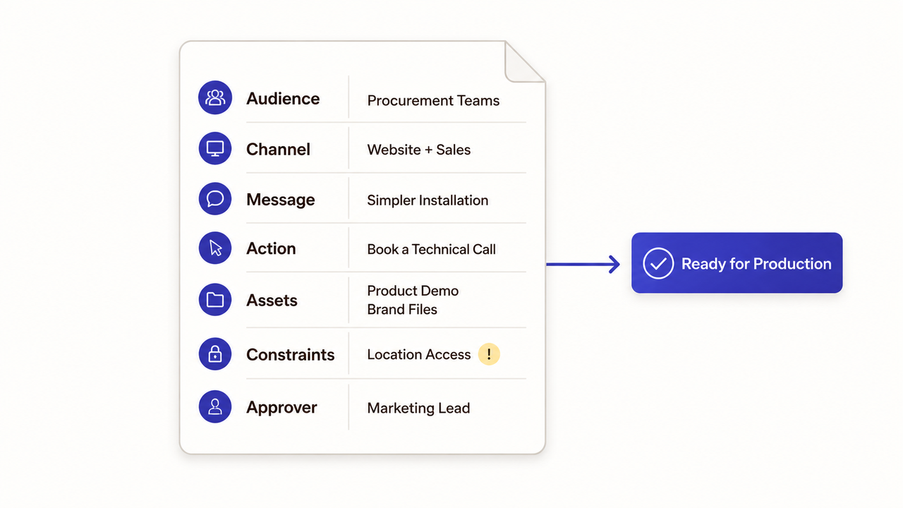 Essential corporate video production planning checklist detailing audience, channels, messaging, and project assets.