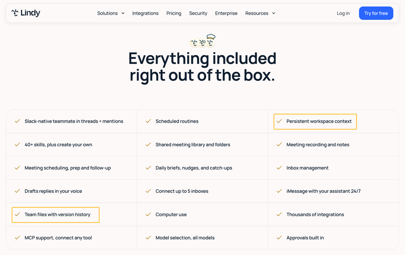 Explore out-of-the-box features including team files and persistent workspace context powered by Lindy AI memory systems.