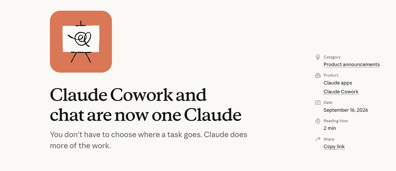 The recent anthropic claude docs launch announces that Claude Cowork and chat are now combined into one workspace.