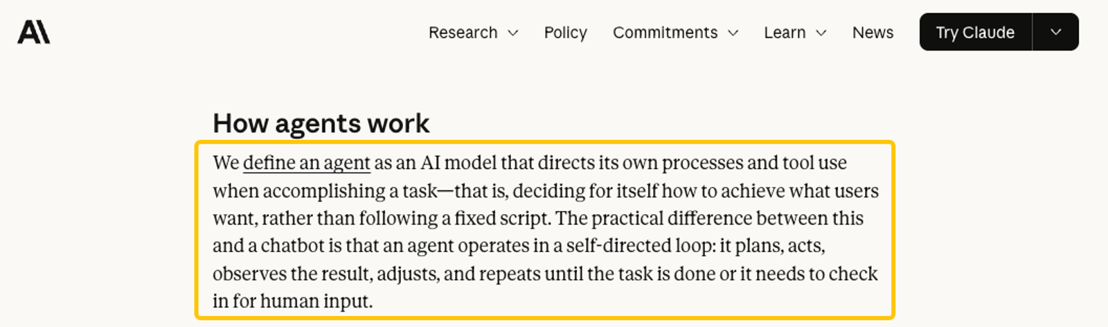 Text explaining how an agentic workflow allows AI models to direct processes in a self-directed loop without fixed scripts.