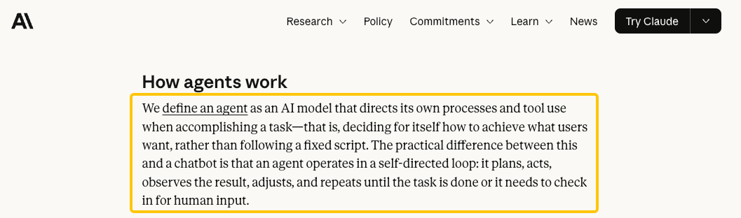 Text explaining how an agentic workflow allows AI models to direct processes in a self-directed loop without fixed scripts.