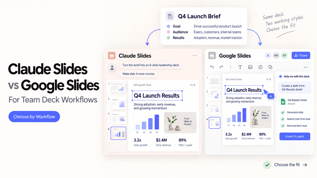 Detailed Claude Slides vs Google Slides comparison for creating leadership presentations from a brief.