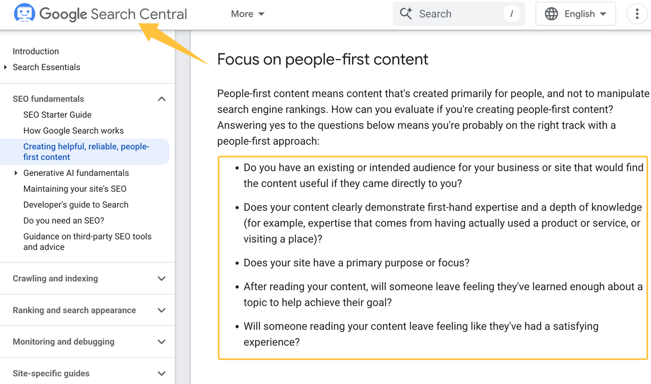 Google Search Central page emphasizing people-first content guidelines, crucial for quality seo content writing services.
