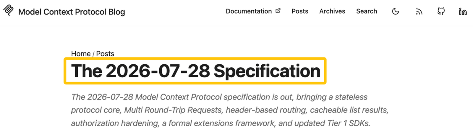 Blog post overview showing updates to mcp protocol versions including stateless core and header-based routing.