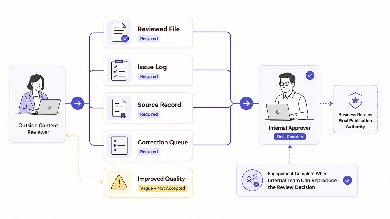 Workflow detailing how outside reviewers and internal approvers collaborate to secure AI content trust.