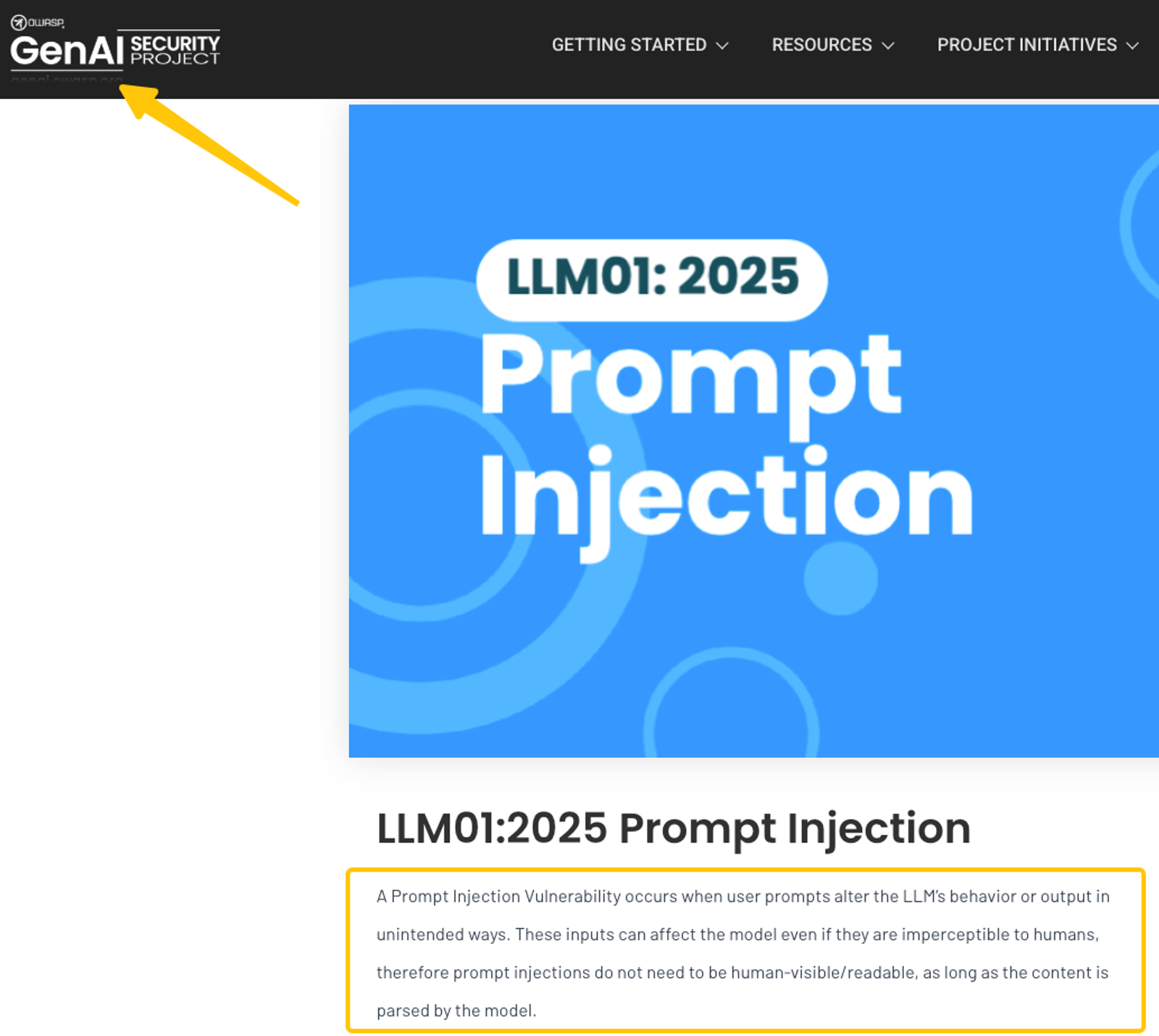 OWASP GenAI webpage defining LLM01:2025 prompt injection vulnerabilities as a critical focus area for AI agent security.