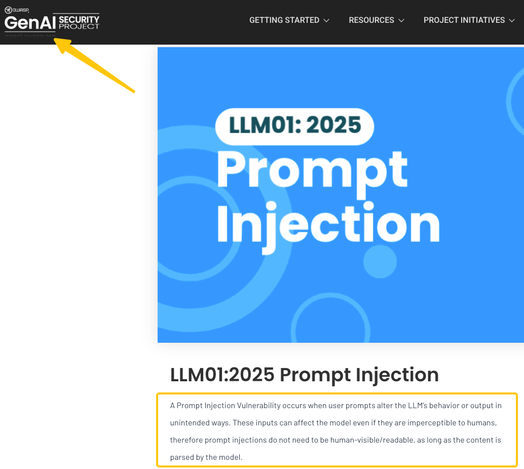 OWASP GenAI webpage defining LLM01:2025 prompt injection vulnerabilities as a critical focus area for AI agent security.