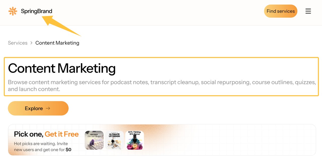 Web page for SpringBrand's content strategy services, browsing options like podcast notes, social repurposing, and launch content.