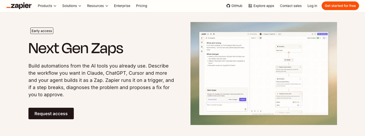 Build automated workflows using AI prompts with next gen zaps in Zapier early access platform.