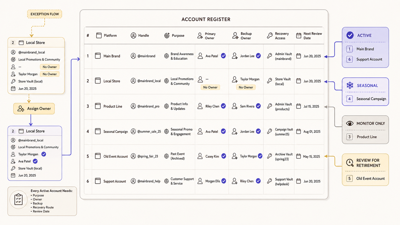 An account register diagram showing how to manage multiple social media accounts tracking owners, backups, and status.