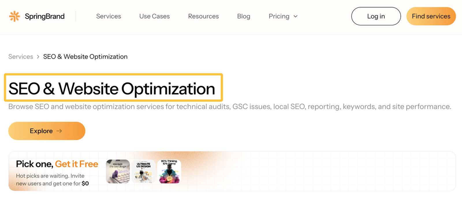 Web page for SpringBrand showing their extensive seo content writing services and comprehensive website optimization capabilities.