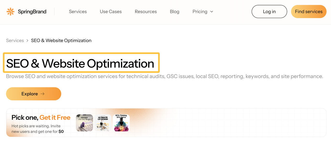 Web page for SpringBrand showing their extensive seo content writing services and comprehensive website optimization capabilities.