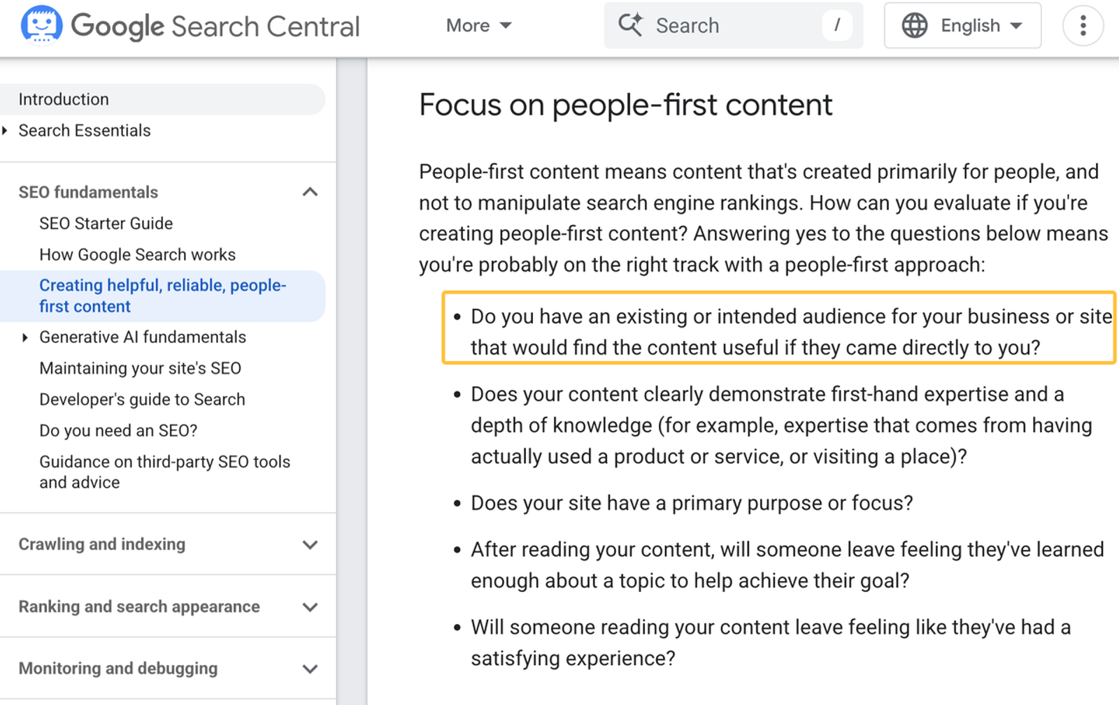 Google Search Central guidelines highlighting people-first content principles for effective website copywriting services.