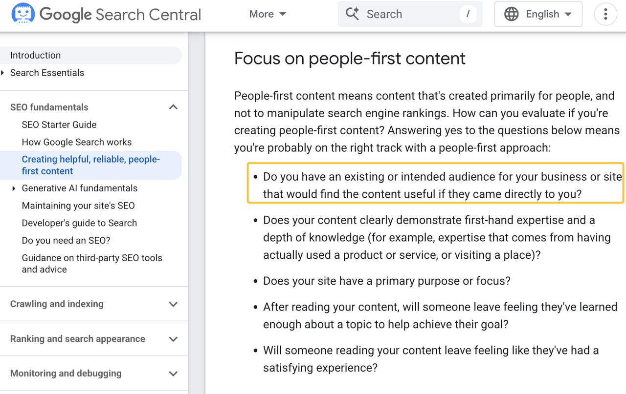 Google Search Central guidelines highlighting people-first content principles for effective website copywriting services.