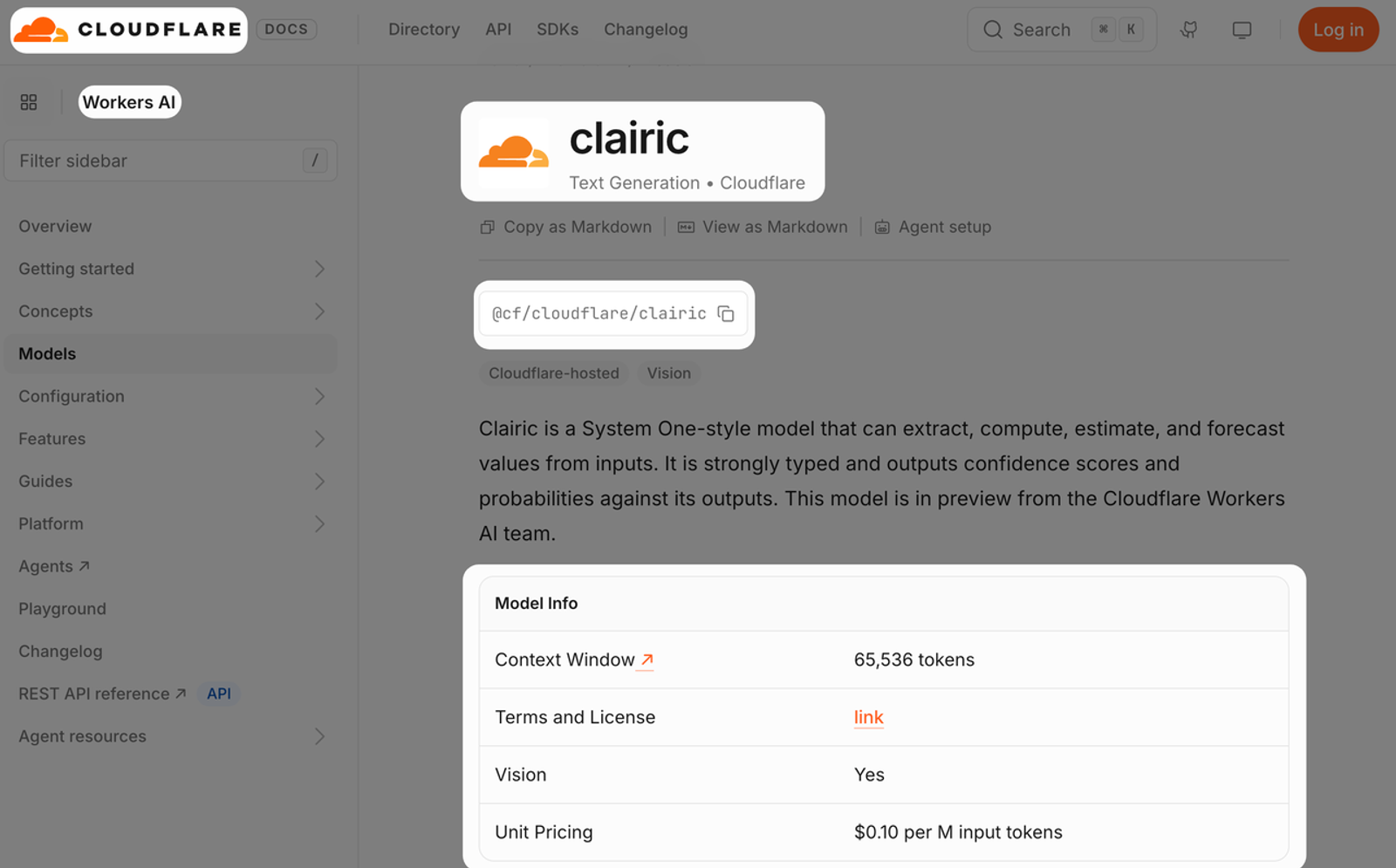 Cloudflare Workers AI docs showing the Clairic model for clairic lead extraction, including its model ID and specifications.
