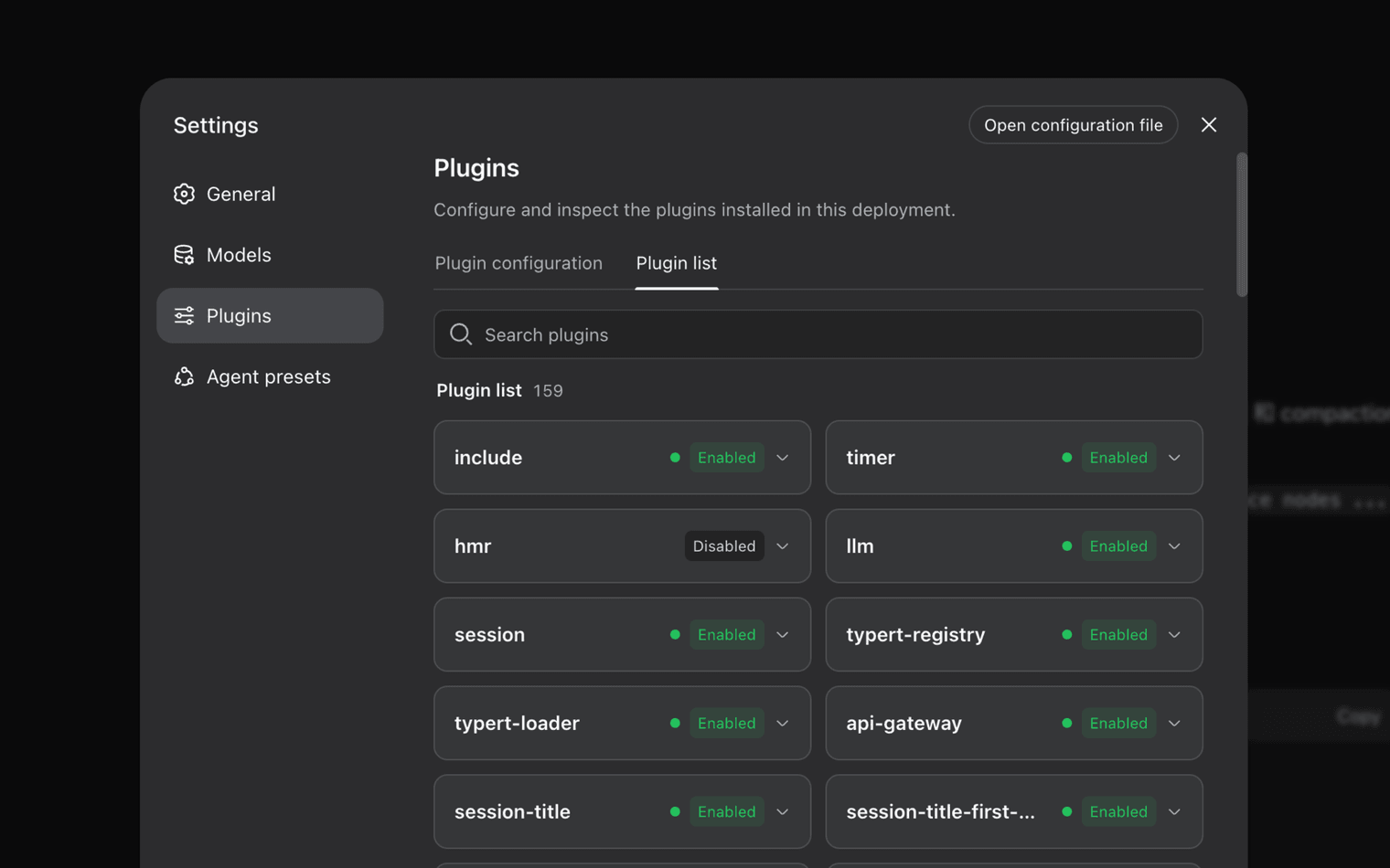 Visualizing what is deepseek harness plugin system through a settings menu showing enabled and disabled components.