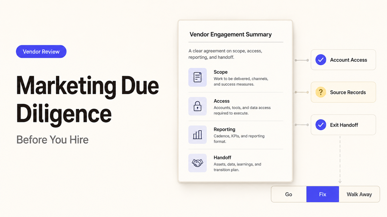 Vendor engagement summary checklist for digital marketing due diligence before hiring an agency.