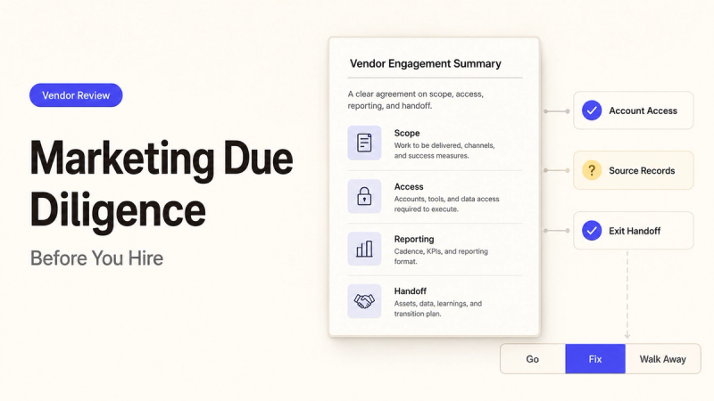 Vendor engagement summary checklist for digital marketing due diligence before hiring an agency.