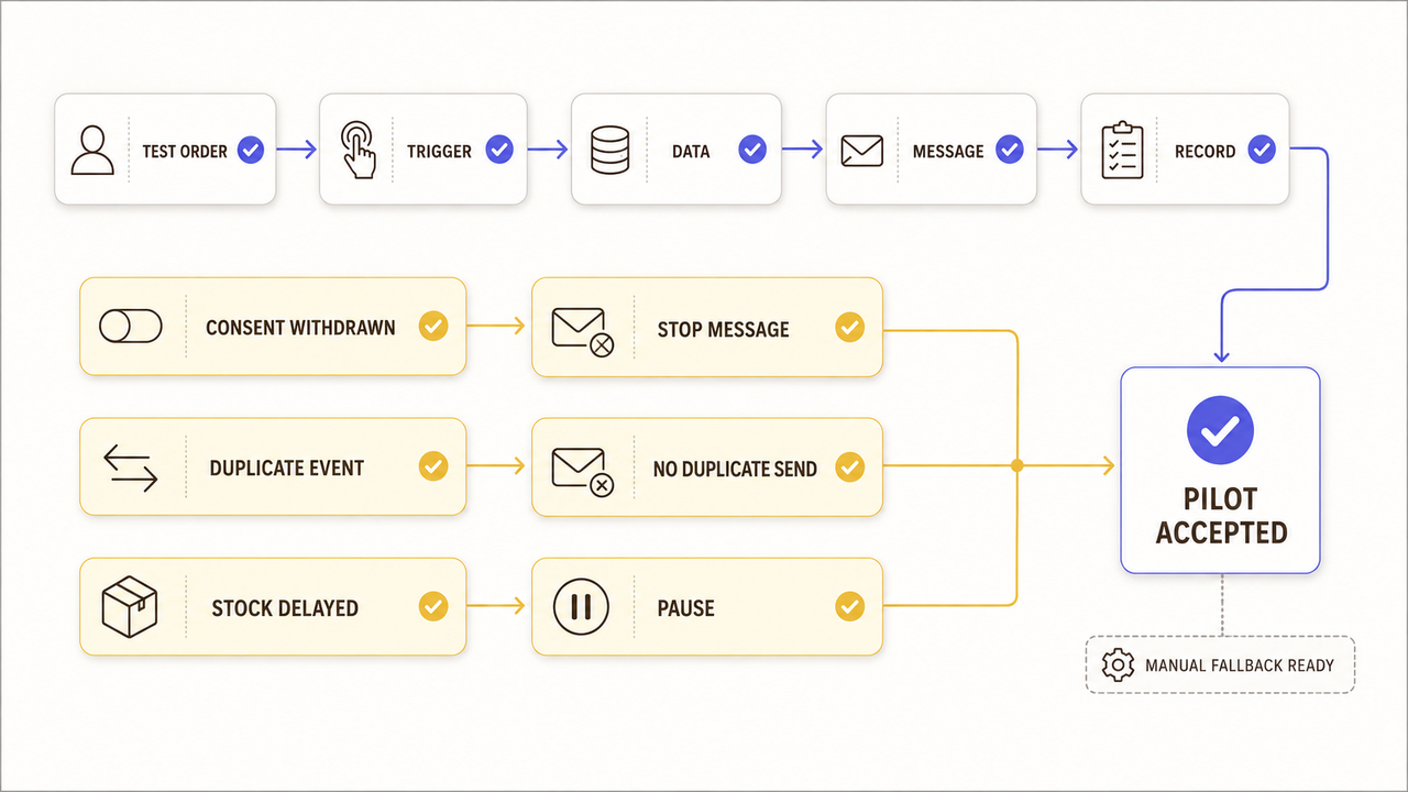 Flowchart illustrating message testing and exception handling within an ecommerce marketing automation setup.