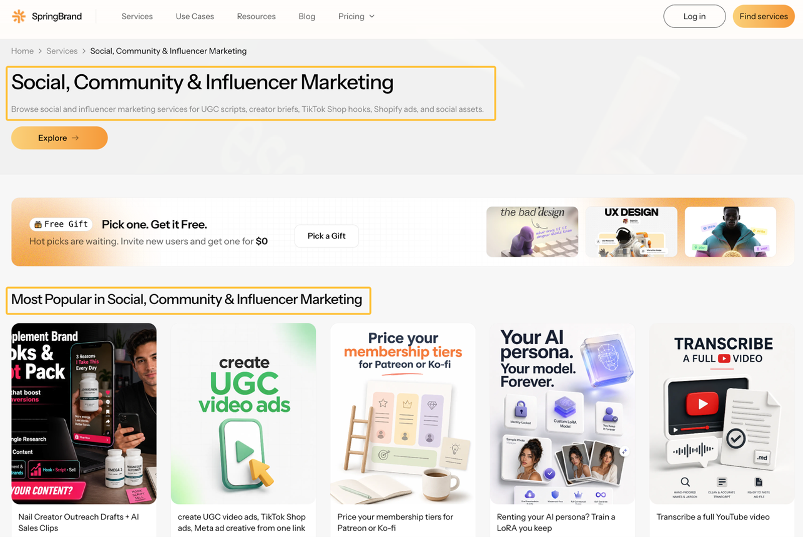 Agency service page showing UCG video ads, influencer outreach, and other marketing for a small business.