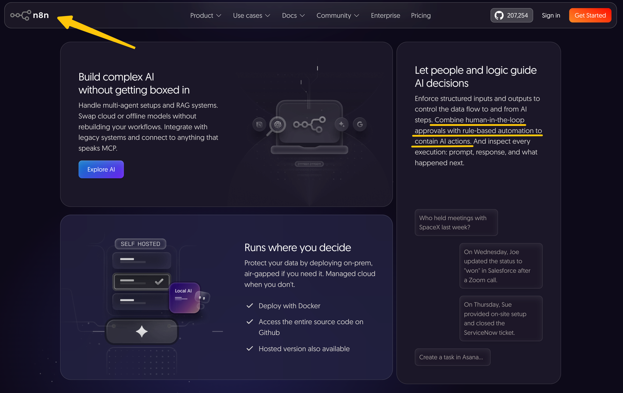 n8n website highlighting its features as one of the best human in the loop workflow tools for AI automation.