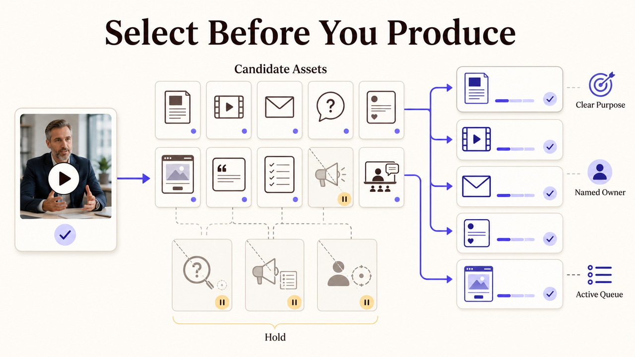 Flowchart displaying asset selection steps for video content repurposing, organizing candidates by purpose and active queues