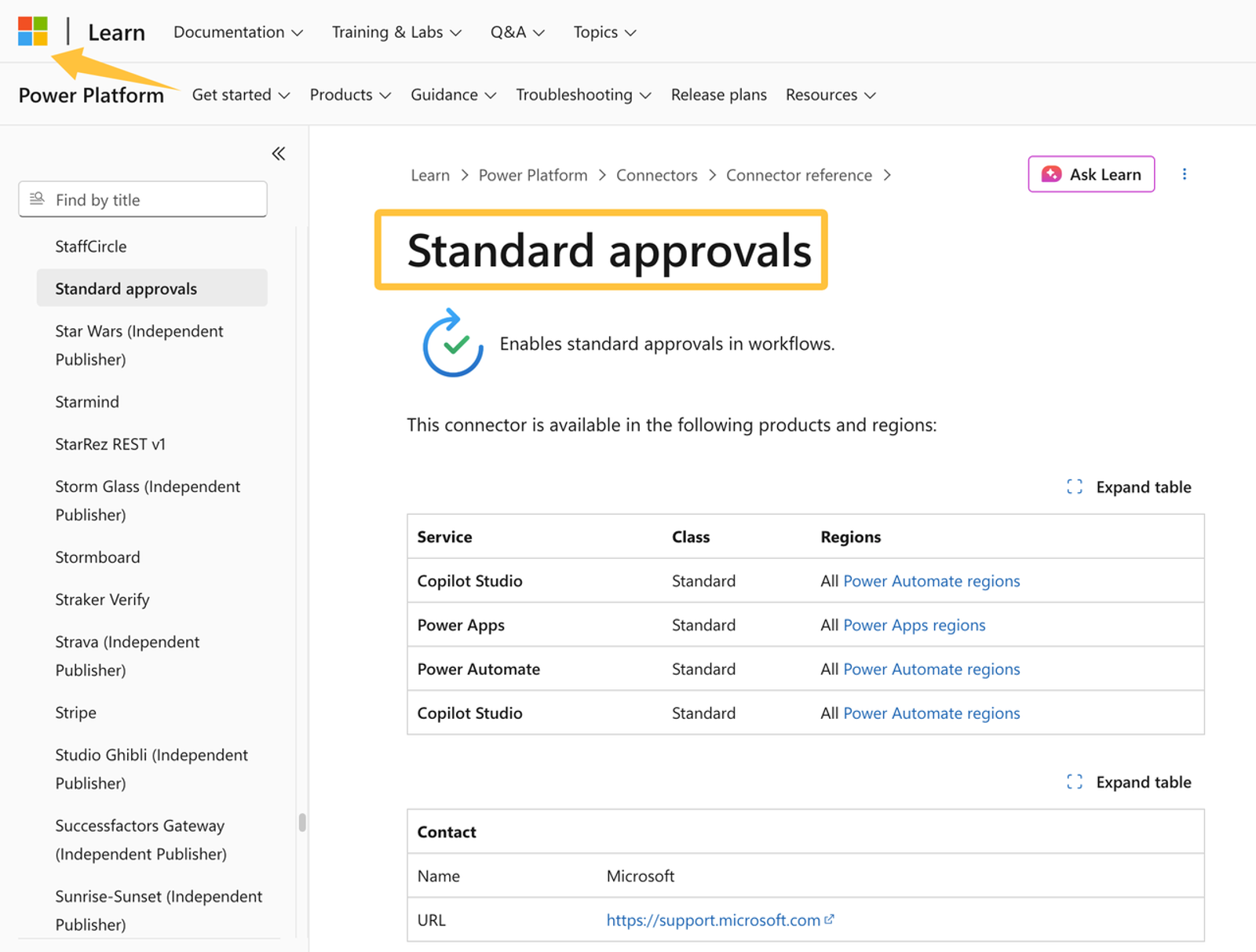 Screenshot of Microsoft Learn docs for the Power Platform Standard Approvals connector used in document workflow automation.