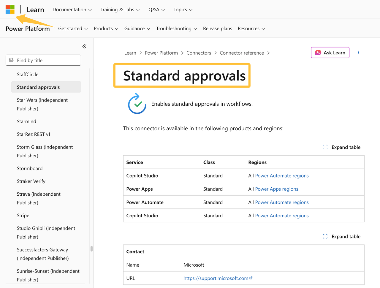 Screenshot of Microsoft Learn docs for the Power Platform Standard Approvals connector used in document workflow automation.