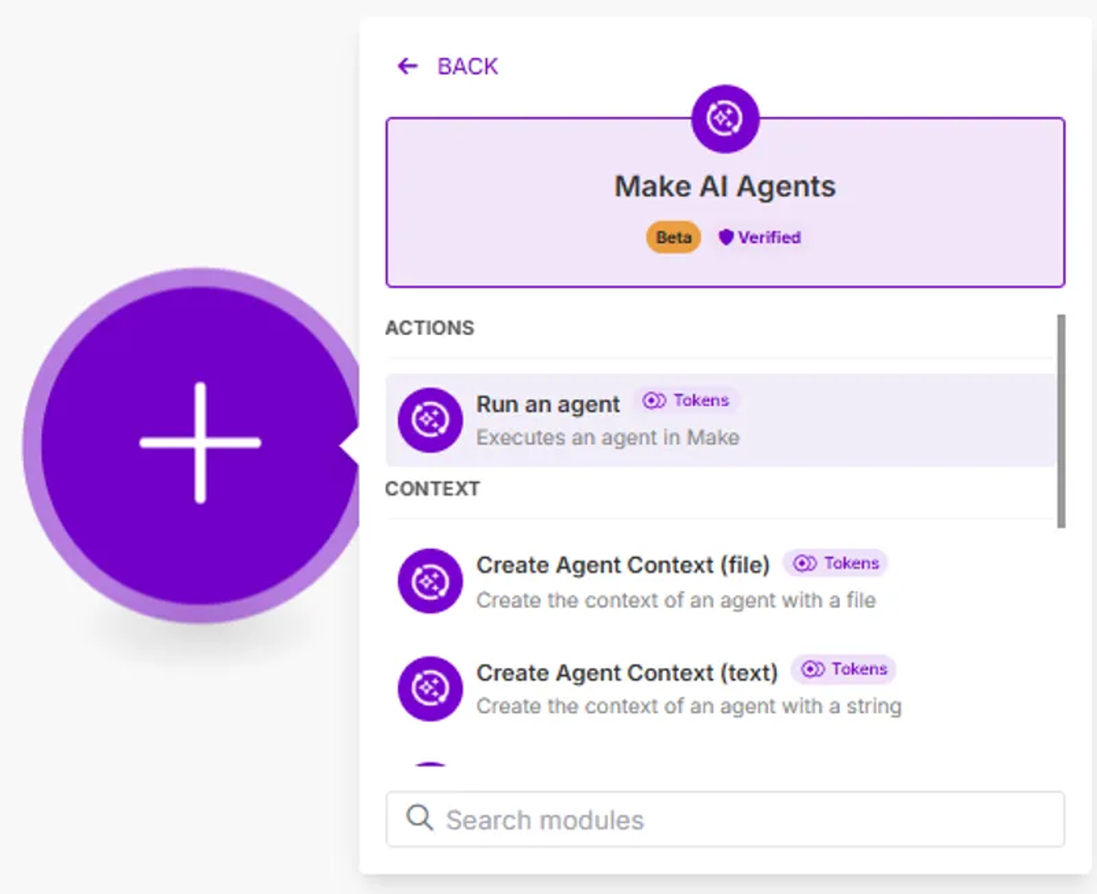 Make automation module menu showing options to run AI agents and set up Zapier alternatives workflows.